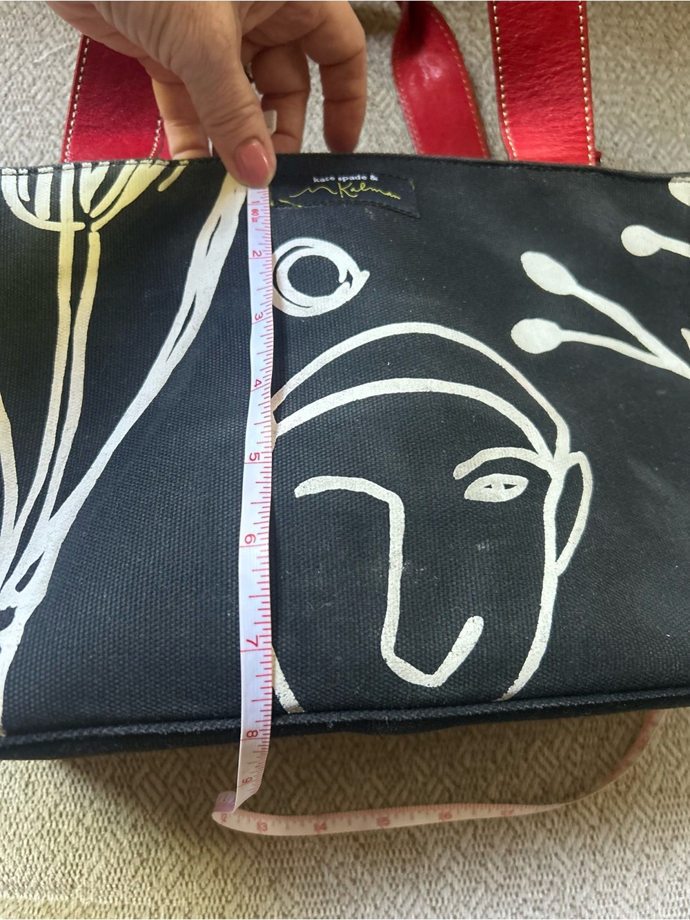 kate spade M Kalman Vtg Rare Black Canvas Bag Red Leather Handles Artsy Pop Art - Picture 16 of 16